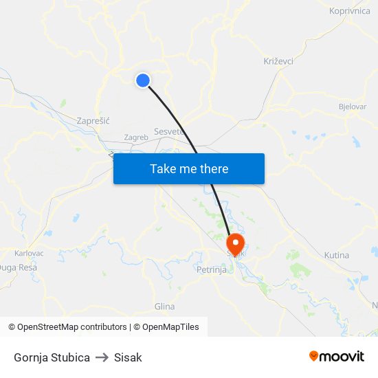 Gornja Stubica to Sisak map