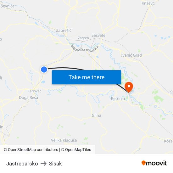 Jastrebarsko to Sisak map