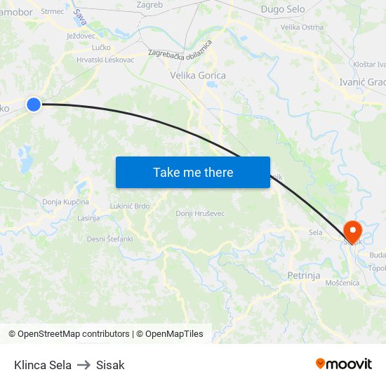 Klinca Sela to Sisak map