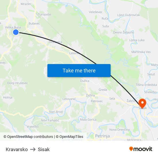 Kravarsko to Sisak map