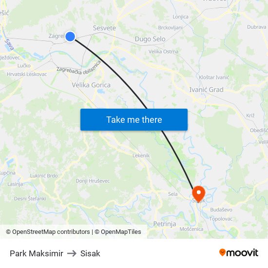 Park Maksimir to Sisak map