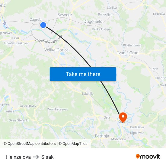 Heinzelova to Sisak map