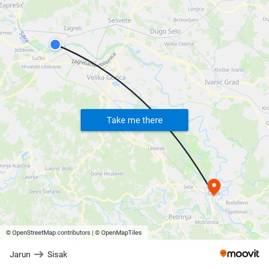 Jarun to Sisak map