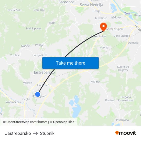 Jastrebarsko to Stupnik map