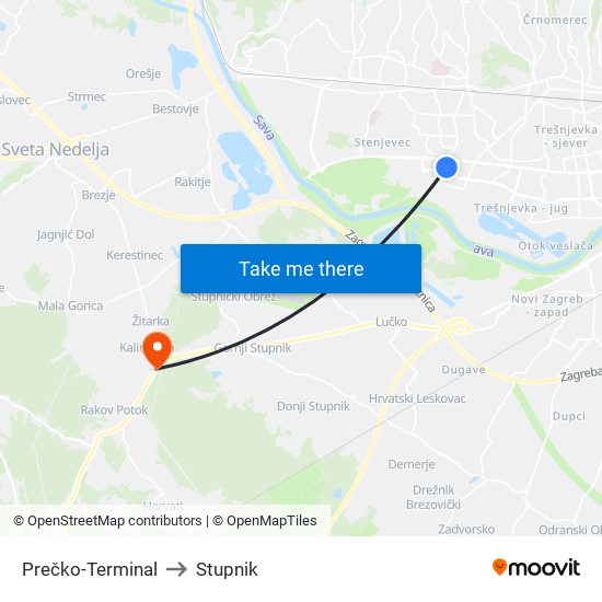 Prečko-Terminal to Stupnik map