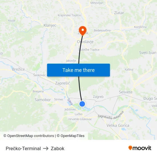 Prečko-Terminal to Zabok map