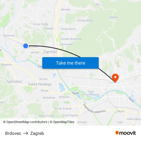 Brdovec to Zagreb map