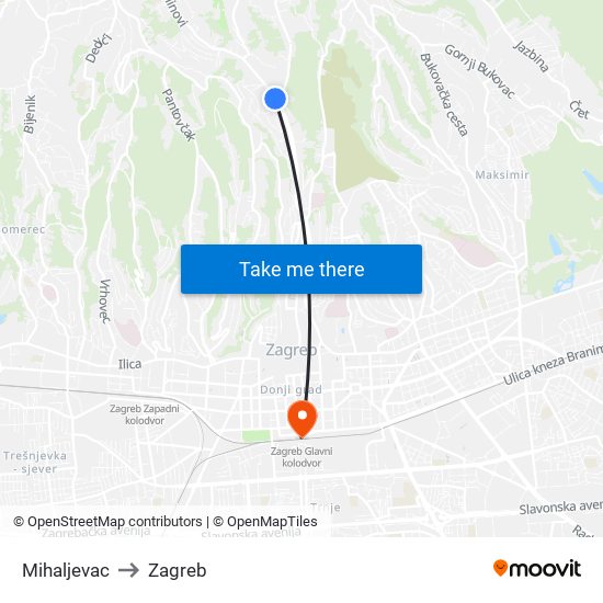 Mihaljevac to Zagreb map