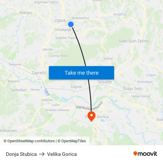 Donja Stubica to Velika Gorica map