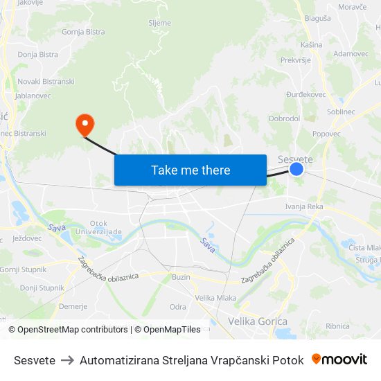 Sesvete to Automatizirana Streljana Vrapčanski Potok map