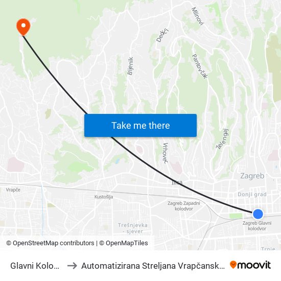 Glavni Kolodvor to Automatizirana Streljana Vrapčanski Potok map