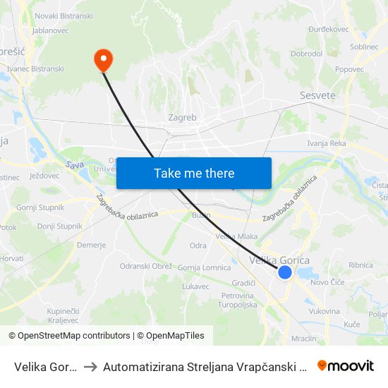 Velika Gorica to Automatizirana Streljana Vrapčanski Potok map