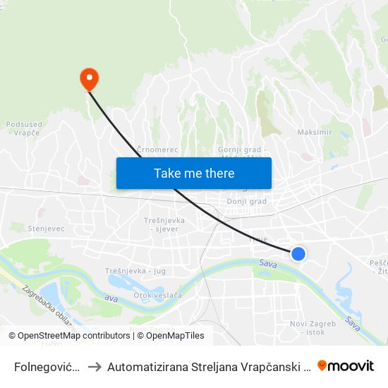 Folnegovićevo to Automatizirana Streljana Vrapčanski Potok map