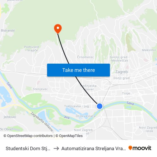 Studentski Dom Stjepan Radić to Automatizirana Streljana Vrapčanski Potok map