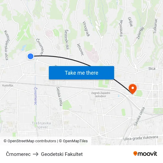 Črnomerec to Geodetski Fakultet map
