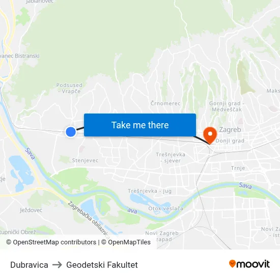 Dubravica to Geodetski Fakultet map