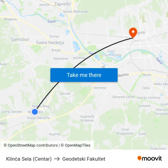 Klinča Sela (Centar) to Geodetski Fakultet map