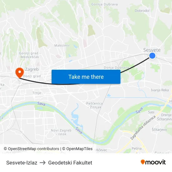Sesvete-Izlaz to Geodetski Fakultet map