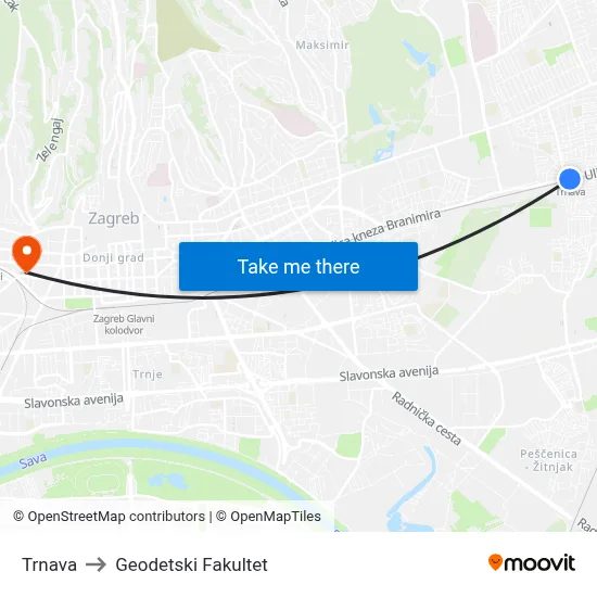 Trnava to Geodetski Fakultet map