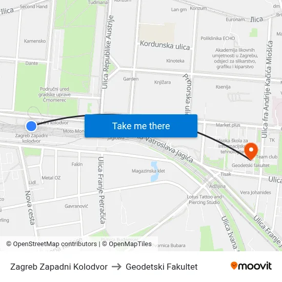 Zagreb Zapadni Kolodvor to Geodetski Fakultet map