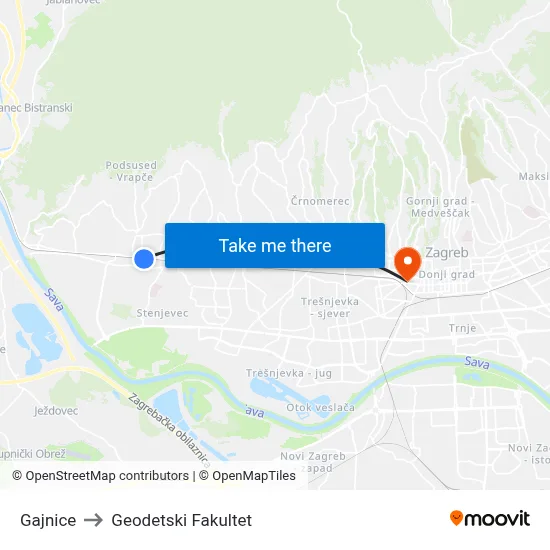 Gajnice to Geodetski Fakultet map