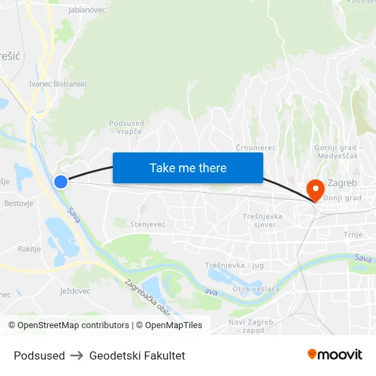 Podsused to Geodetski Fakultet map