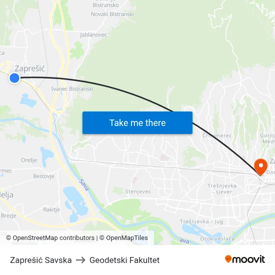 Zaprešić Savska to Geodetski Fakultet map