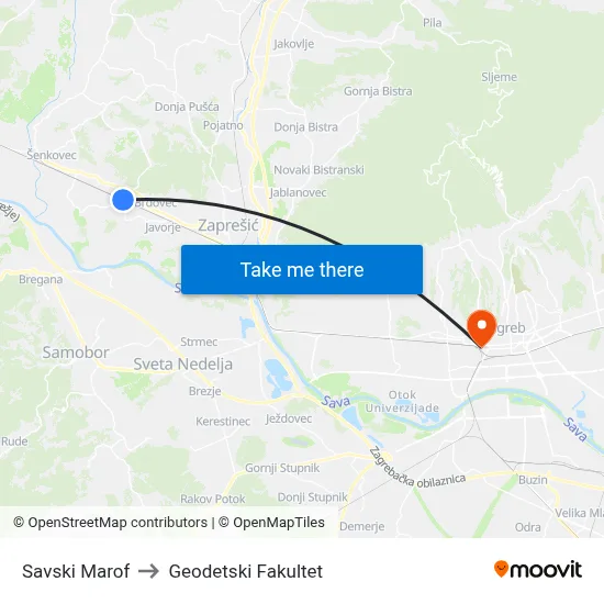 Savski Marof to Geodetski Fakultet map