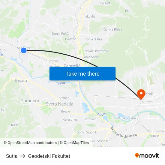 Sutla to Geodetski Fakultet map