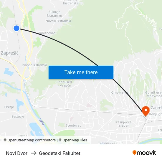 Novi Dvori to Geodetski Fakultet map