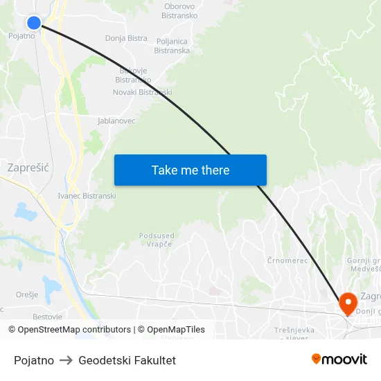Pojatno to Geodetski Fakultet map