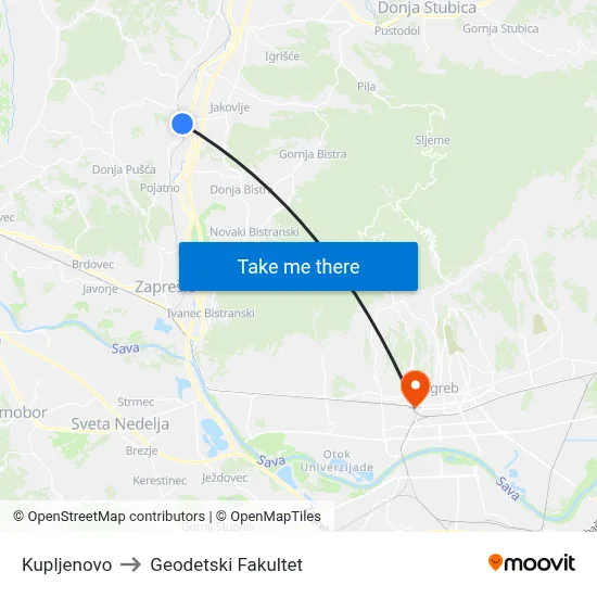 Kupljenovo to Geodetski Fakultet map