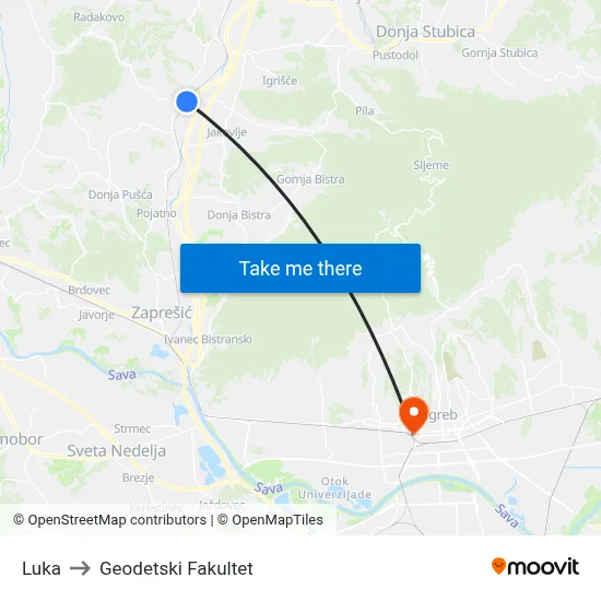 Luka to Geodetski Fakultet map