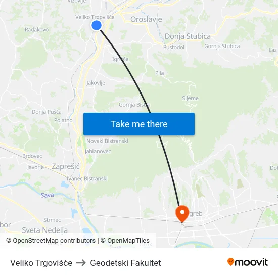 Veliko Trgovišće to Geodetski Fakultet map