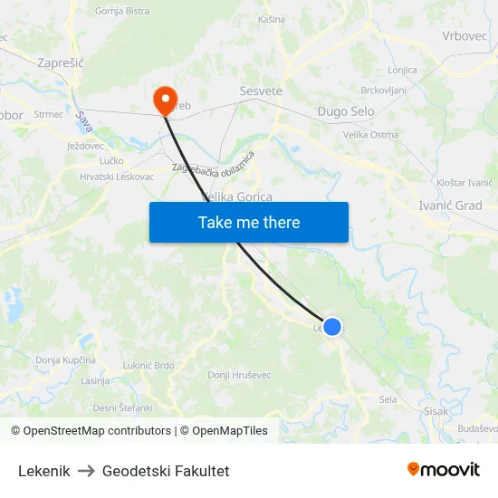 Lekenik to Geodetski Fakultet map