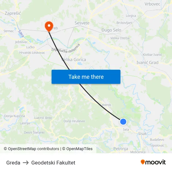 Greda to Geodetski Fakultet map