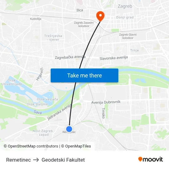 Remetinec to Geodetski Fakultet map