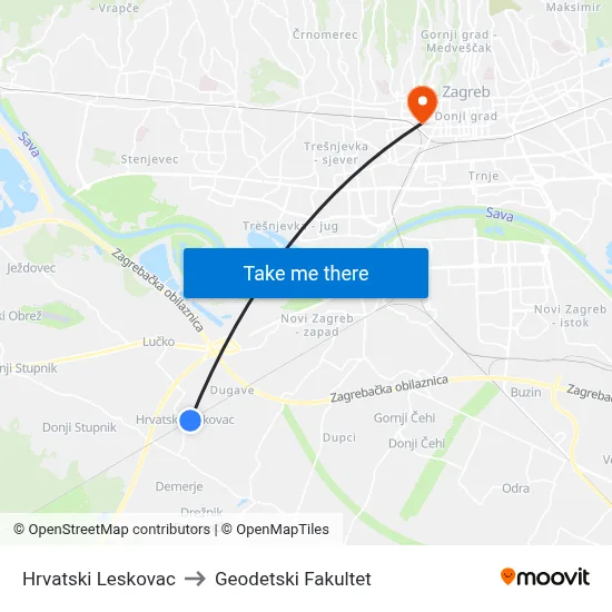 Hrvatski Leskovac to Geodetski Fakultet map