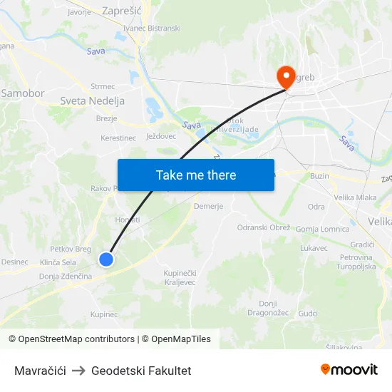 Mavračići to Geodetski Fakultet map