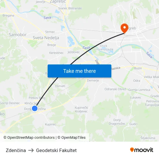 Zdenčina to Geodetski Fakultet map