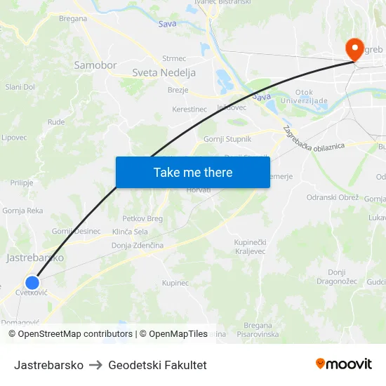 Jastrebarsko to Geodetski Fakultet map