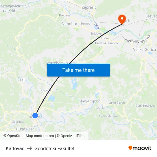 Karlovac to Geodetski Fakultet map