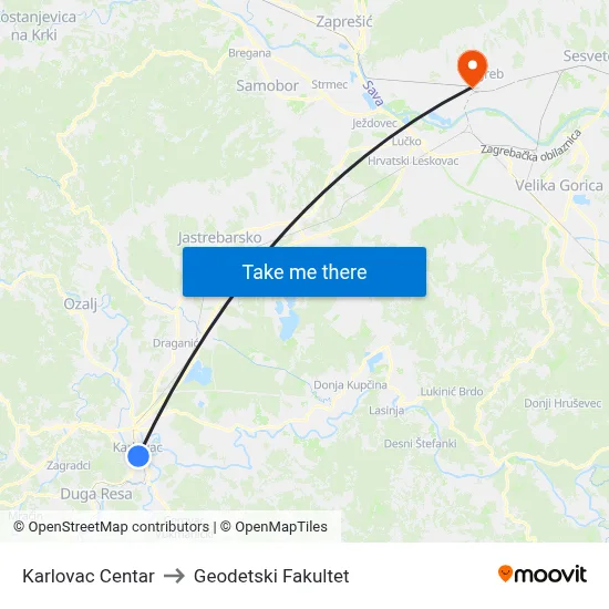 Karlovac Centar to Geodetski Fakultet map