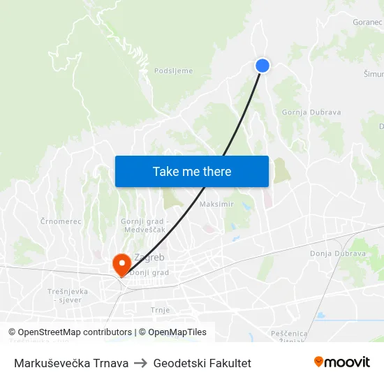 Markuševečka Trnava to Geodetski Fakultet map