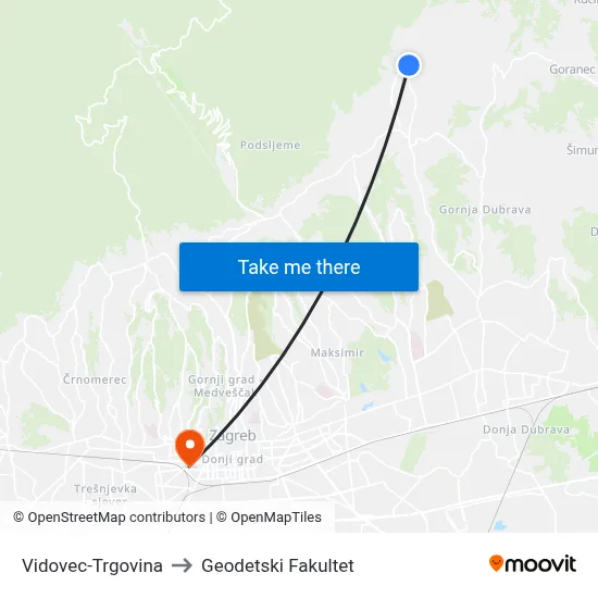 Vidovec-Trgovina to Geodetski Fakultet map