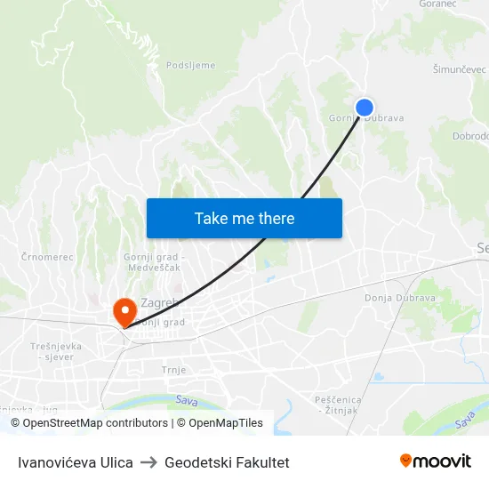 Ivanovićeva Ulica to Geodetski Fakultet map
