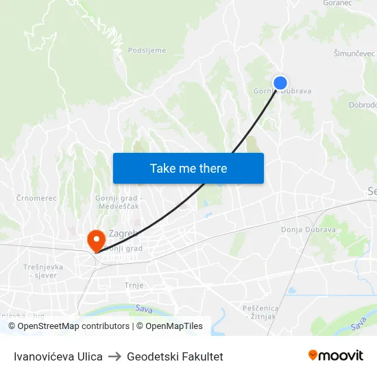 Ivanovićeva Ulica to Geodetski Fakultet map
