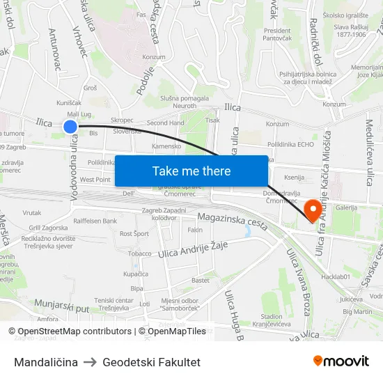 Mandaličina to Geodetski Fakultet map