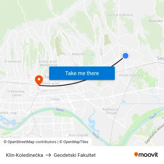 Klin-Koledinečka to Geodetski Fakultet map