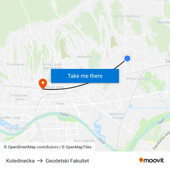 Koledinečka to Geodetski Fakultet map
